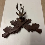 Vintage German Cuckoo Clock Wood Deer Head W/ Horns Guns Topper Case Trim Part. Fixed Price $75.00.
